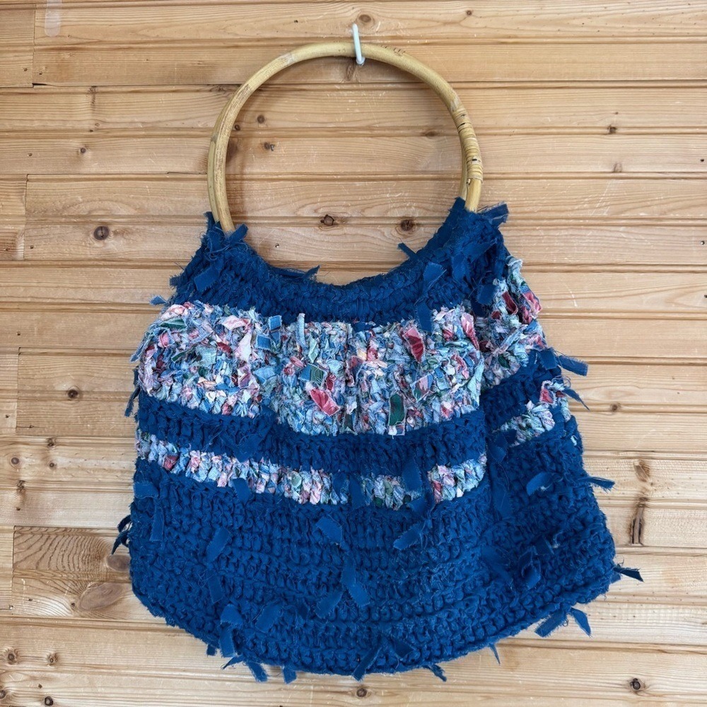 Handmade Hobo Bag Crochet Rag Bag Wood Hoop Handles Blue Boho Sustainable